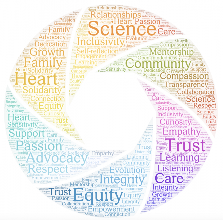Equity •  Inclusivity  •	Integrity •	Trust  •	Scientific rigor  •	Compassion •	Passion •	Heart  •	Respect  •	Equitable representation in research (among participants, staff, and researchers) •	Valuing and actively seeking out different perspectives  •	Community •	Family •	Relationships  •	Mentorship  •	Continuous learning  •	Empowerment •	Inspiring   •	Transparency  •	Clear communication  •	Advocacy